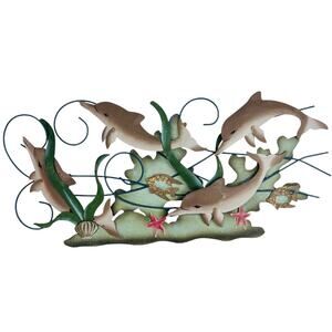 Metal Dolphin Fish Wall Art Large 13x29” Nautical Sea Fish Family Decor Vtg
